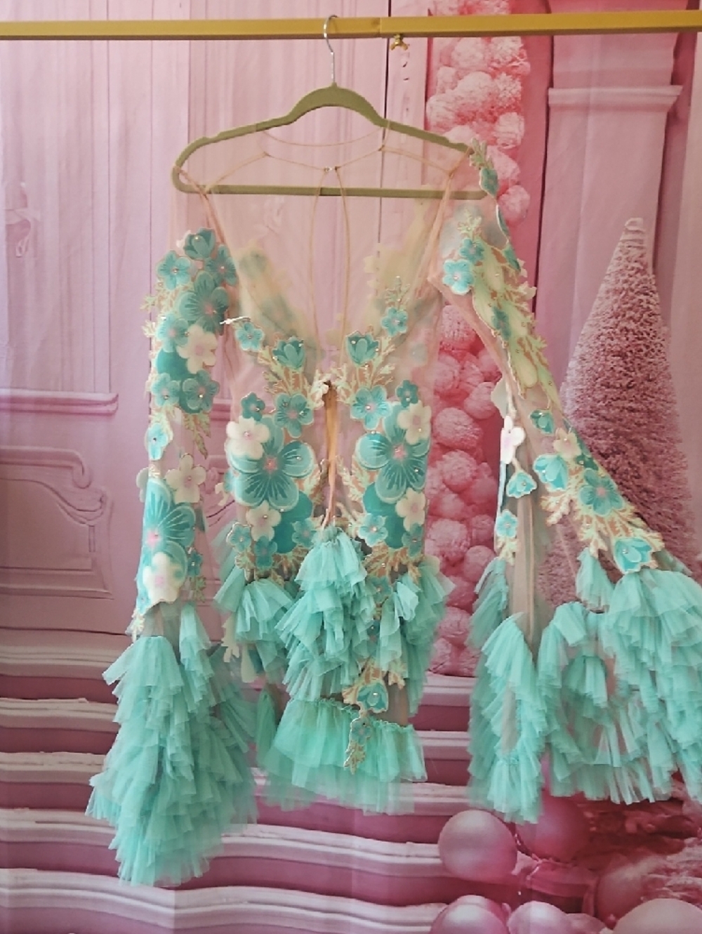Aqua Floral Ruffle Dance Dress with 3D Appliqués - Picture 7 of 10
